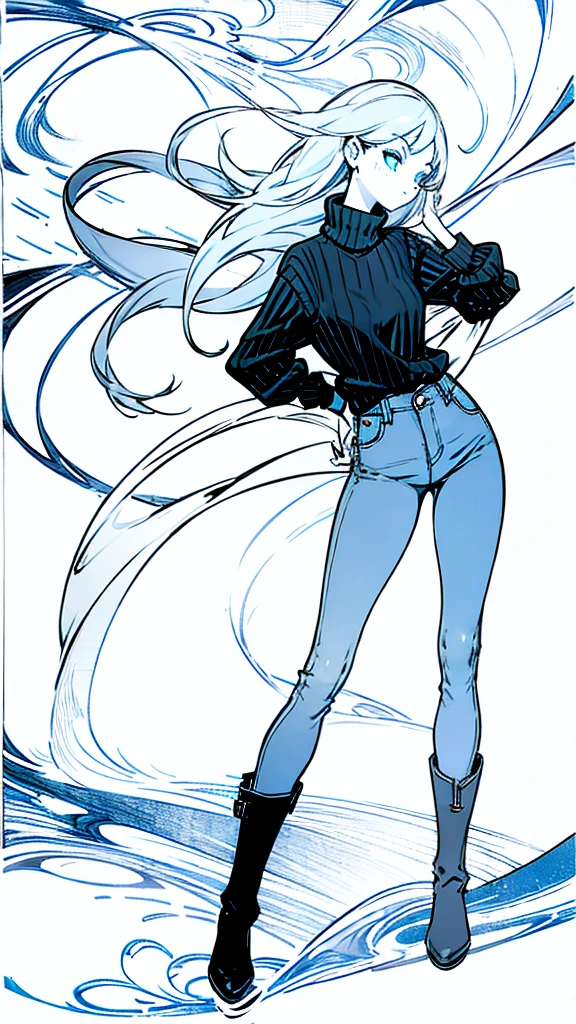 The woman wears a blue and black sweater, long jeans, and black boots.