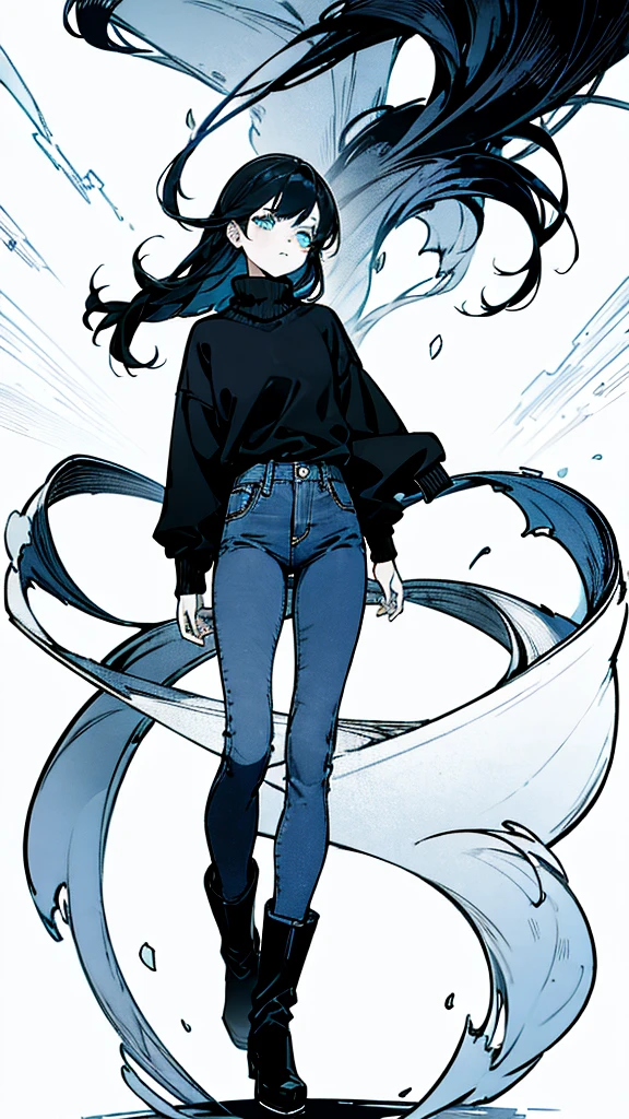 The woman wears a blue and black sweater, long jeans, and black boots.