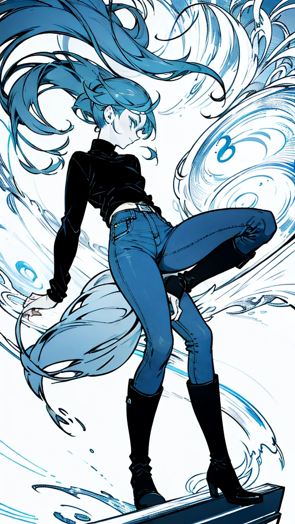 The woman wears a blue and black sweater, long jeans, and black boots. 