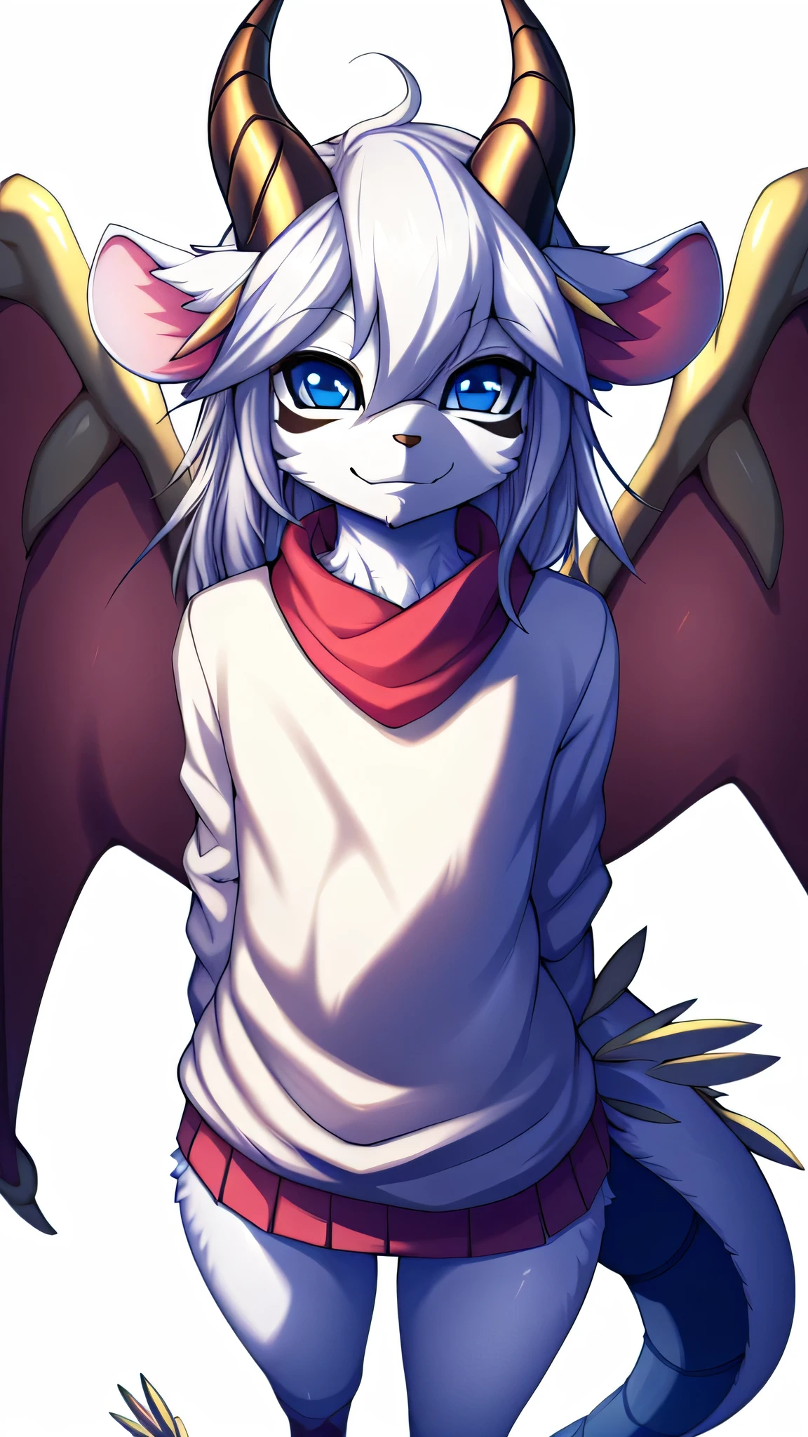 By zinfyu on pixiv,by twistedscarlet60, uploaded on pixiv, by fluff-kevlar, (masterpiece), (best quality), (anthro dragon:1.3, snout:1.2, anthro:1.3, dragon:1.2, solo female:1.2),BREAK,yugioh, dragonling, Bster whelp, golden horn, white hair, blue eyes, wing, white body skin, white fur,feminime_flatchested,wearing white sweater, view on viewer, close view, white background, cute