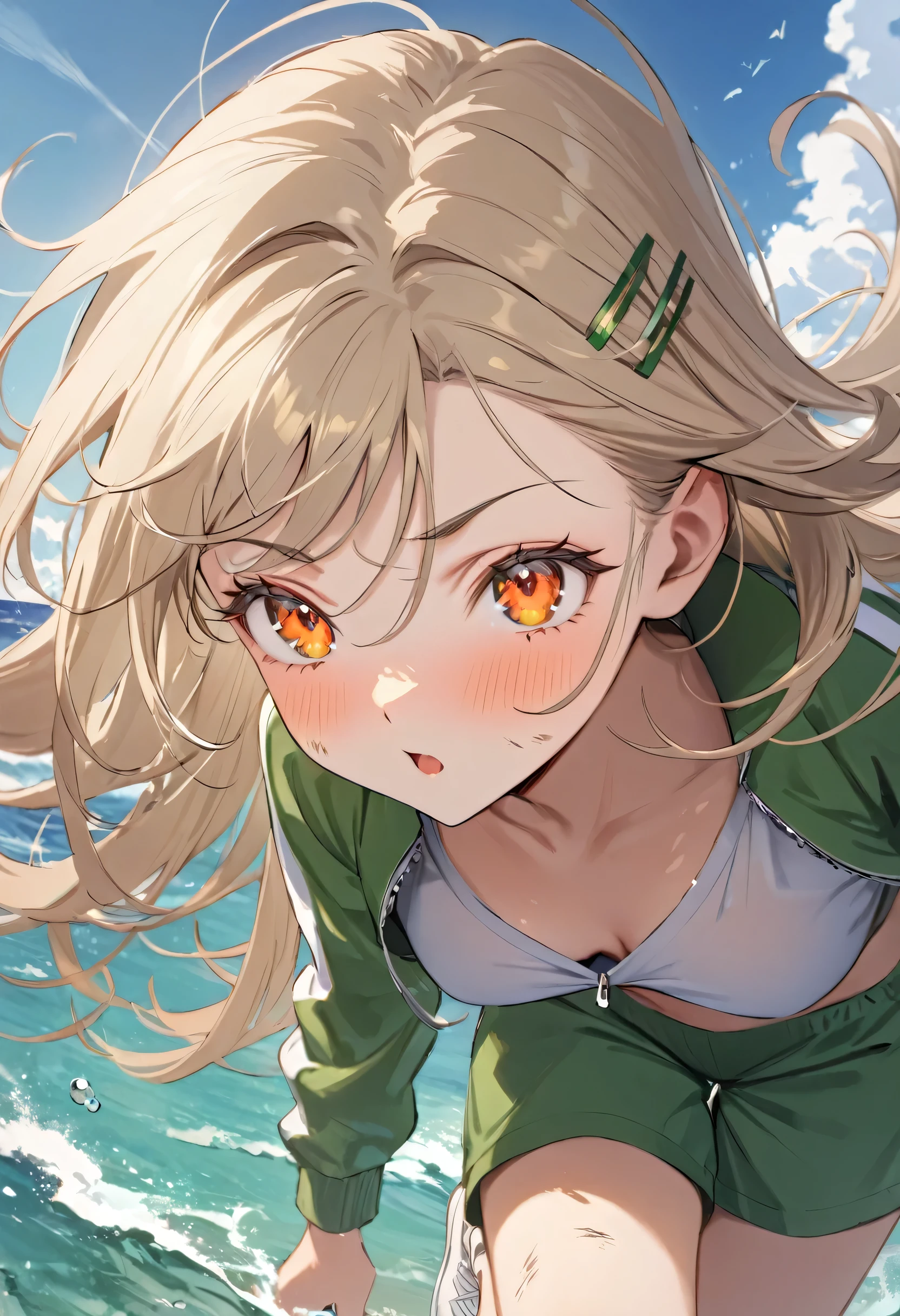 Highest quality, masterpiece, No correction, BEARK, Ocean、The sky is beautiful、The rainbow-colored ocean plain、Sandy Beach、,shinosawa hiro,thin,Orange Eyes,White eyelashes,bionde,Long Hair,Hair Clip,Track jacket,Green shorts,White sneakers, Head Focus, Transparent sneakers, Open shirt,Shining expression、Dirty face、languid look、Hot and spicy face、No injuries、 (masterpiece:1.2, Highest quality), (Fine and beautiful eyes: 1.2), (Beautiful and dense face), (Sharp facial hair between the eyes)、Dynamic Pose