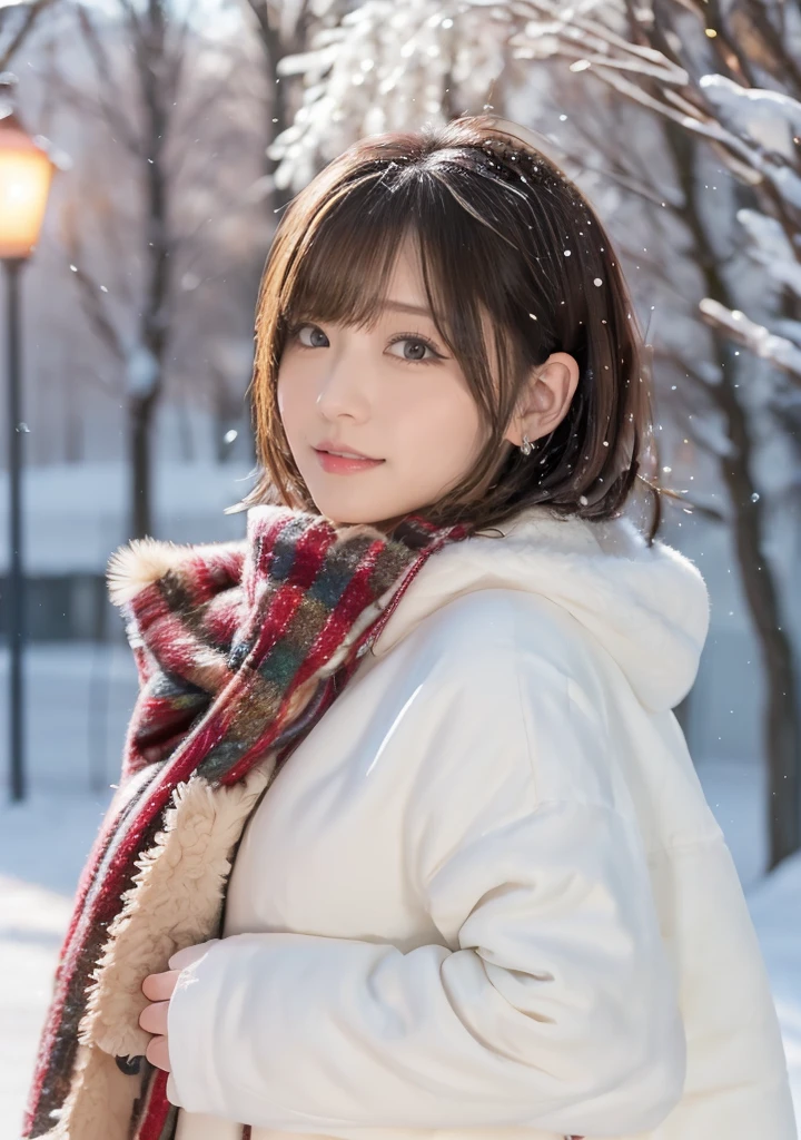 Photo from the waist up、Night city illumination shot、Cowgirl Shot、Fur coat、豪華なグレーのミンクのFur coat、Wear fine leather boots、Luxury Bags、Inner turtleneck、Silver necklace and small silver earrings Millionaire style:1.4))、Full body photo、smile、 Caustics、Highly detailed photos、Very beautiful woman 、Ample breasts、No makeup、(8K、RAW Photos、Highest quality、masterpiece:1.2)、(Realistic、Realistic)、1 Girl、((Medium Short Hair、Midwinter、Cold region Snow falling、The wind is blowing、Fluttering Hair、Blur the background、Colorful illuminations、Looking into the camera:1.4))、