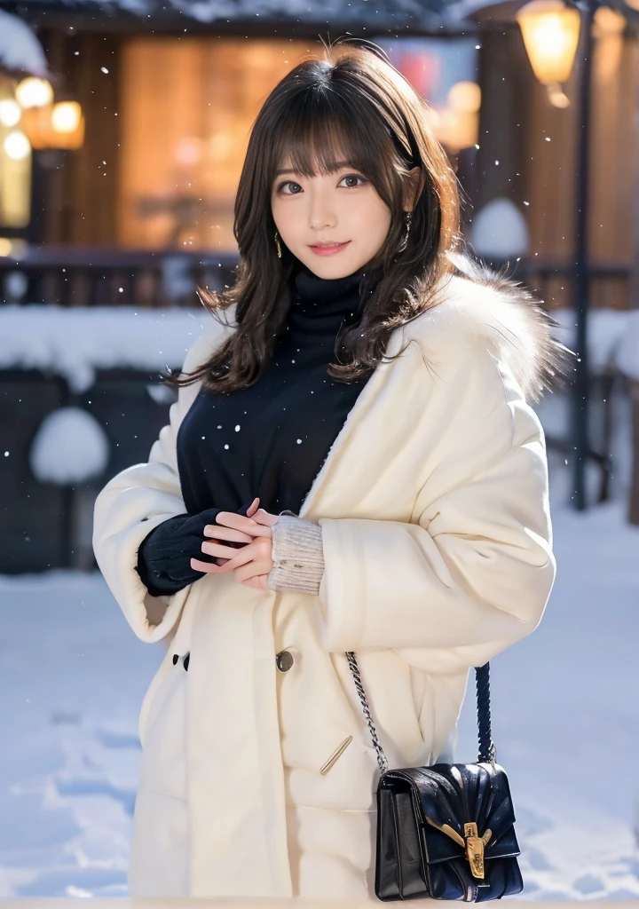 Photo from the waist up、Night city illumination shot、Cowgirl Shot、Fur coat、豪華なグレーのミンクのFur coat、Wear fine leather boots、Luxury Bags、Inner turtleneck、Silver necklace and small silver earrings Millionaire style:1.4))、Full body photo、smile、 Caustics、Highly detailed photos、Very beautiful woman 、Ample breasts、No makeup、(8K、RAW Photos、Highest quality、masterpiece:1.2)、(Realistic、Realistic)、1 Girl、((Medium Short Hair、Midwinter、Cold region Snow falling、The wind is blowing、Fluttering Hair、Blur the background、Colorful illuminations、Looking into the camera:1.4))、