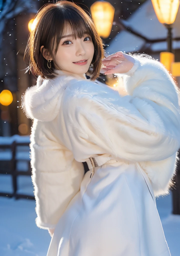 Photo from the waist up、Night city illumination shot、Cowgirl Shot、Fur coat、豪華なグレーのミンクのFur coat、Wear fine leather boots、Luxury Bags、Inner turtleneck、Silver necklace and small silver earrings Millionaire style:1.4))、Full body photo、smile、 Caustics、Highly detailed photos、Very beautiful woman 、Ample breasts、No makeup、(8K、RAW Photos、Highest quality、masterpiece:1.2)、(Realistic、Realistic)、1 Girl、((Medium Short Hair、Midwinter、Cold region Snow falling、The wind is blowing、Fluttering Hair、Blur the background、Colorful illuminations、Looking into the camera:1.4))、