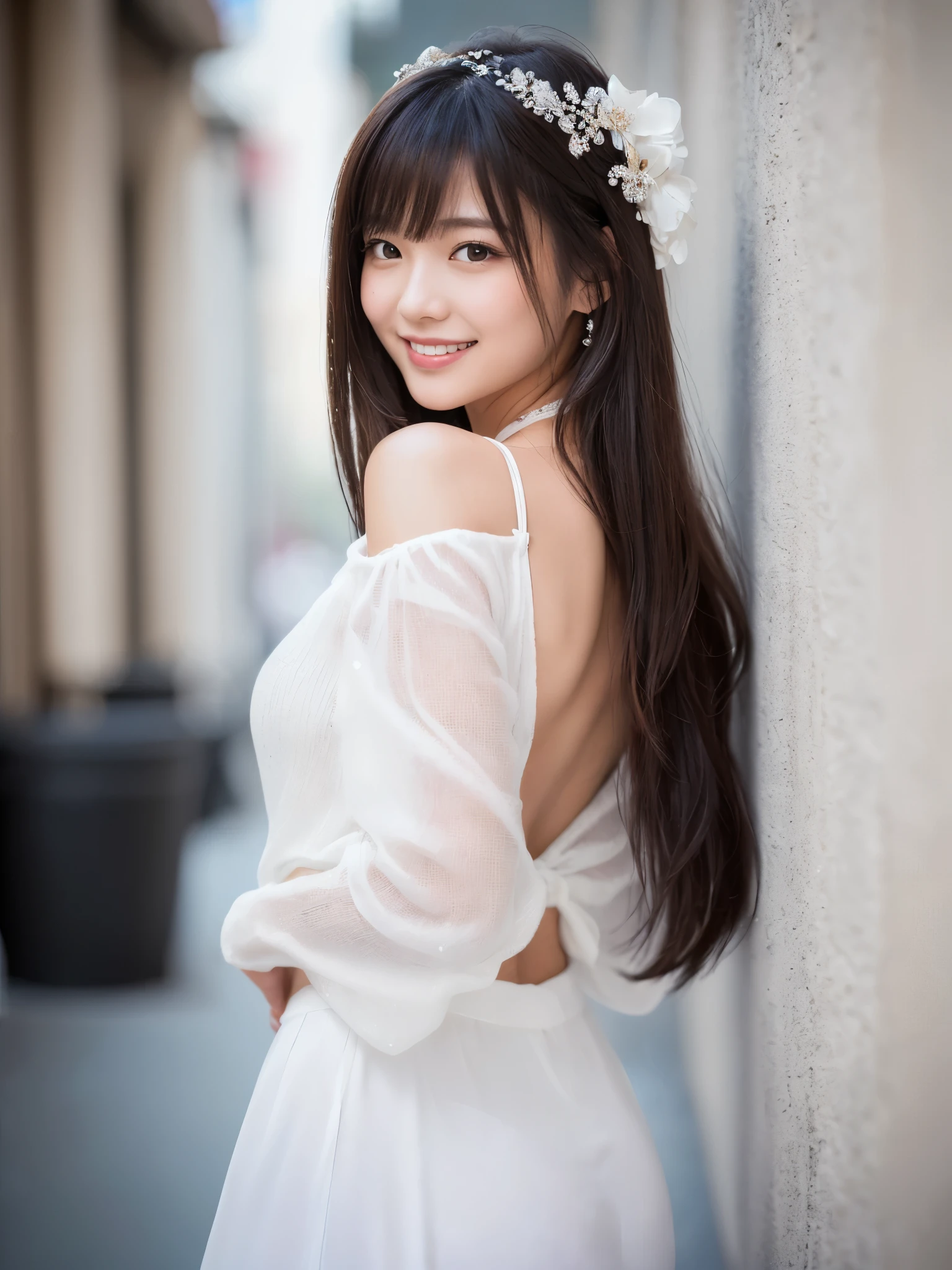 (In 8K, Highest quality, Tabletop, Ultra-high resolution, High quality face:1.5), (Rich in details), (Young Adult Model:1.3),(Photorealistic:1.4) (Look diagonally:1.6), 1 beautiful girl, White skin, (とてもWhite skin, Glittering Skin:1.4), Pin Spot Light, (Beautiful round eyes, Droopy eyes, Light in your eyes), Shiny, Straight Hair, Black Hair, hair longer than butt, Squint your eyes and laugh, Dazzling Smile, de luz, cute, refreshing, de luz拡散反射, ((Beautiful woman in pure white outfit)), (Japanese),White background, Portraiture, Dreamy, Lightweight texture