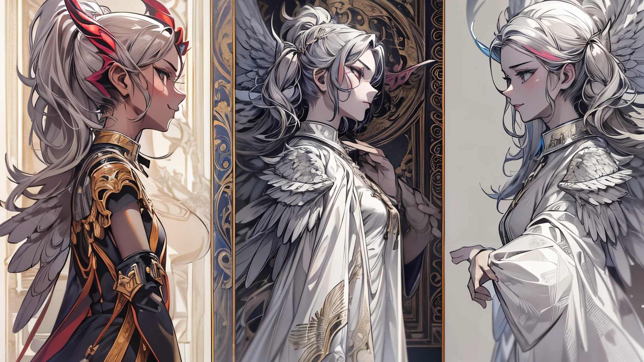 ((Highest quality)),(Ultra-high resolution),(Ultra-detailed new),(Detailed Description),((The best CG)),(masterpiece),Highly detailed art,A wonderful new art form,(Art with precise details:1.5), (Female angel and female devil facing each other:1.6),Beautiful and well-proportioned face:1.5, black and white:1.4, Light and Darkness:1.3, Swallowing Darkness, Extinguishing Light, (A colorful world:1.5)