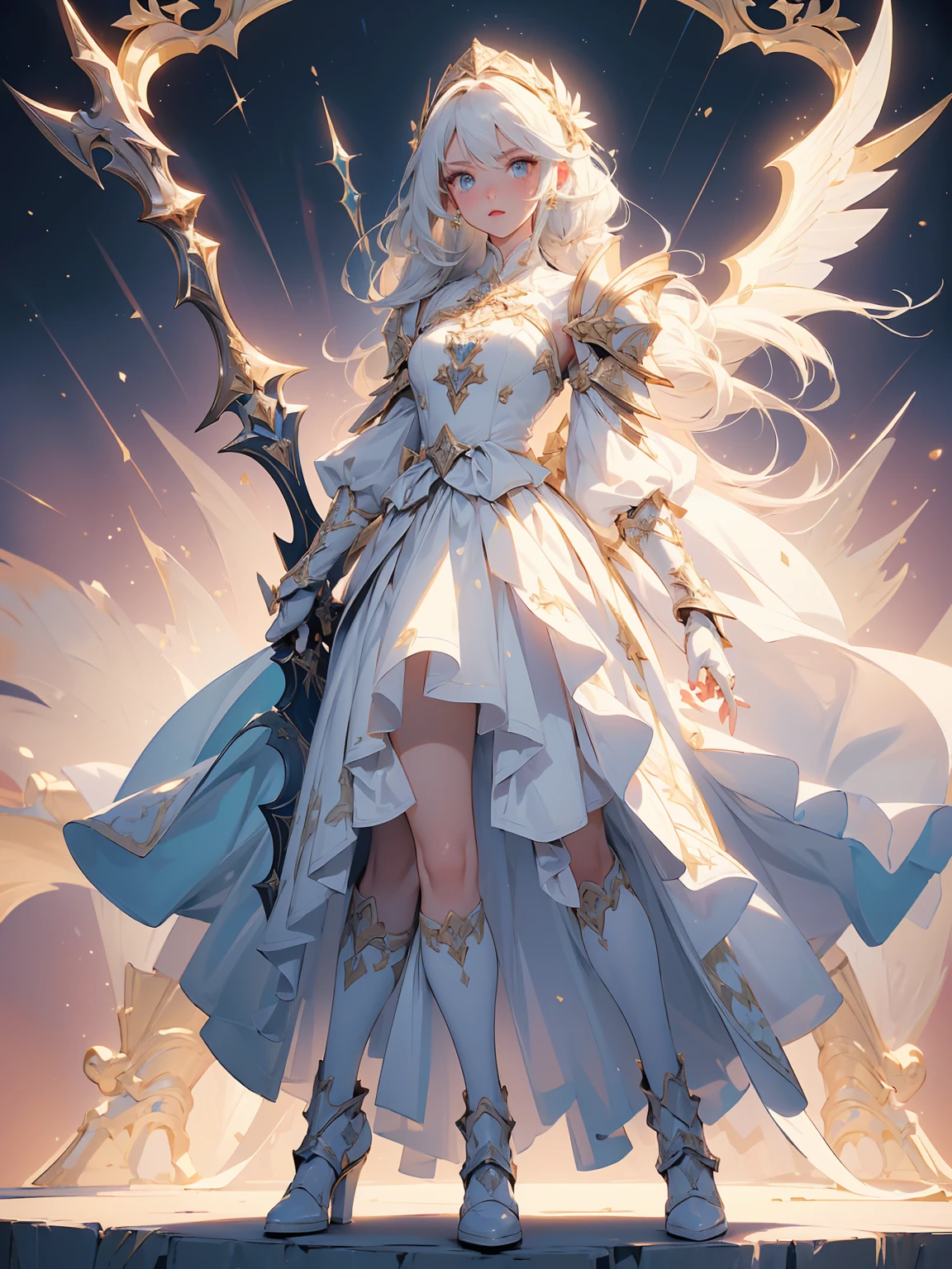 (((masterpiece, best quality, high detailed, 8k))) Design a layout showcase Gaming character, (1girl). Gold|White clothes, stylish and unique. ((showcase weapon:1.4)), celestial bow. (masterpiece:1.2), (best quality), 4k, ultra-detailed. (Step by step design, layout art:1.5), (luminous lighting, atmospheric lighting). celestial archer, ((glove full hands)), (((revealing clothes:1.3))), vambraces, armored legwear, (((full_body_shot:1.4))). {In a starry sky}.