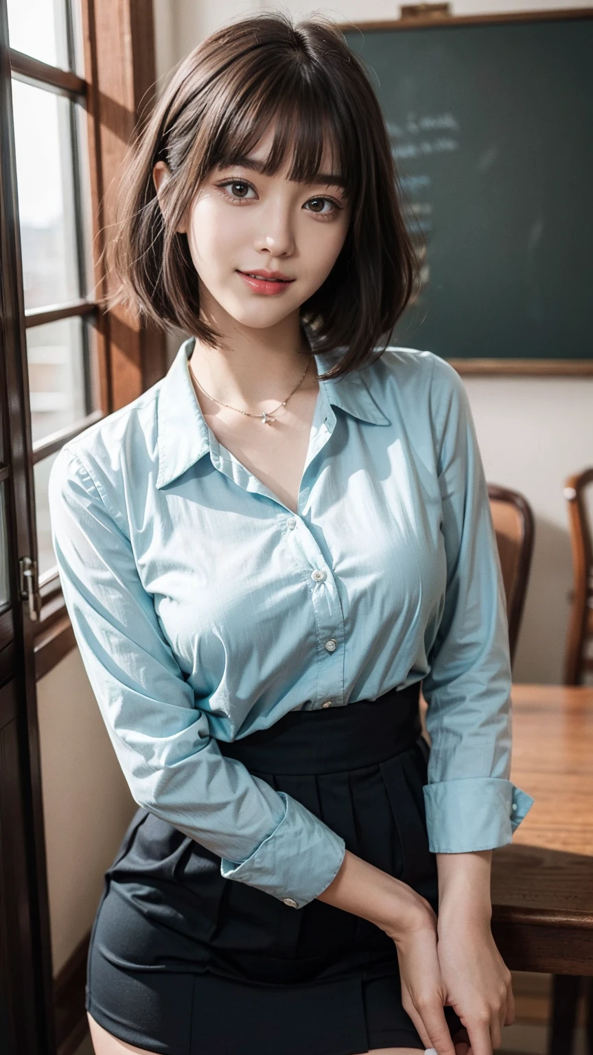 masterpiece, top quality, raw photo, photorealistic, big, face light, shiny skin, high resolution, super detail, shiny skin, earrings, classroom, short hair, shirt lift, school uniform, sitting on chair