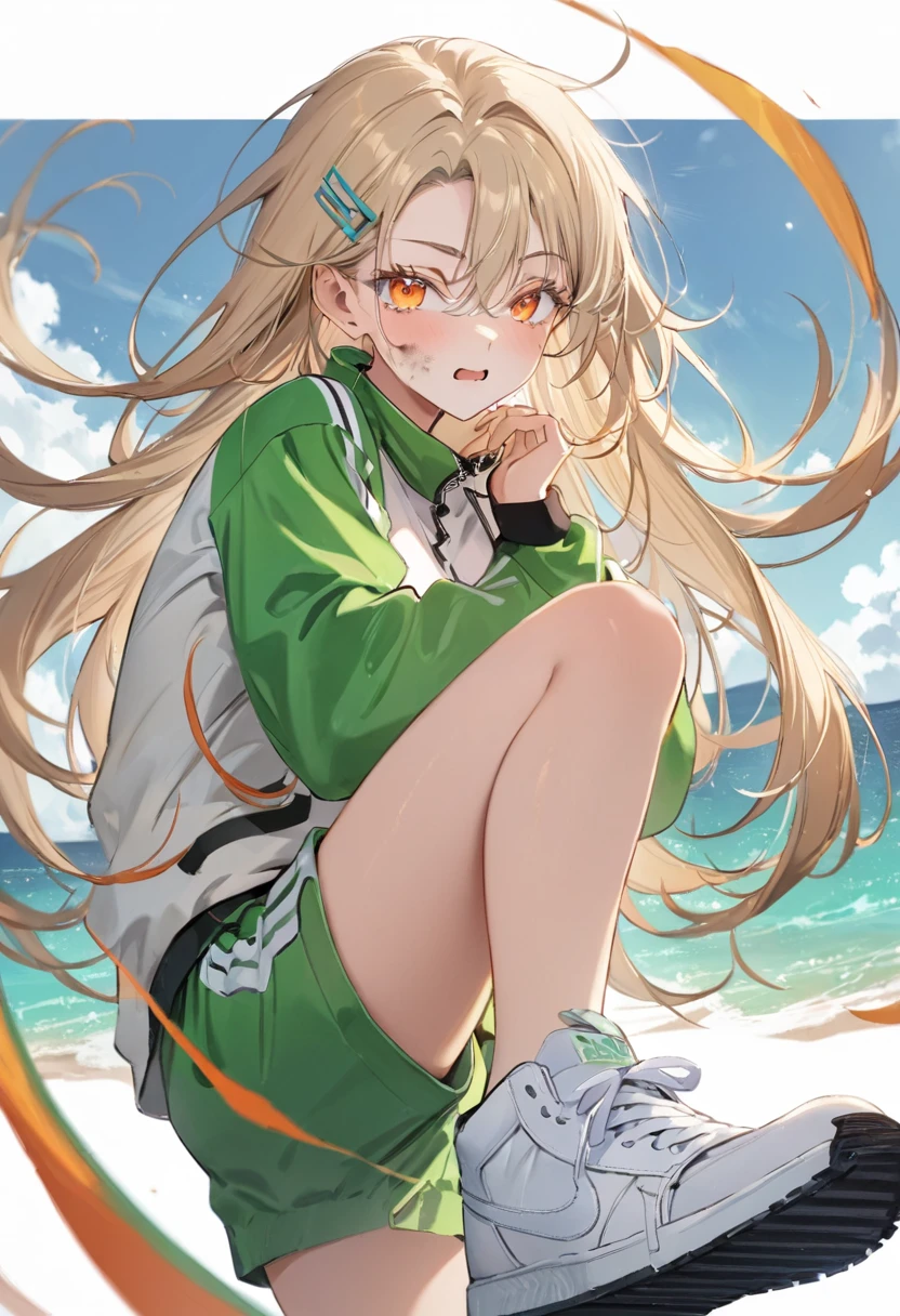 Highest quality, masterpiece, No correction, Beark, Ocean、The sky is beautiful、虹色に輝く大Ocean原、Sandy Beach、,shinosawa hiro,thin,Orange eyes,White eyelashes,Blonde,Long Hair,Hair Clip,Track jacket,Green shorts,White sneakers, Head Focus, Transparent sneakers, Open shirt,Shining expression、Dirty face、languid look、Hot and spicy face、No injuries、 (masterpiece:1.2, Highest quality), (Fine and beautiful eyes: 1.2), (Beautiful and dense face), (Sharp facial hair between the eyes)、Dynamic Pose