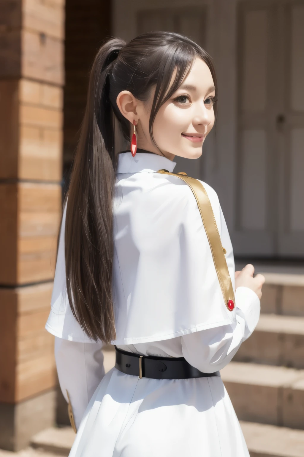 (masterpiece), Highest quality, High resolution, Very detailed, Perfect lighting,  
thank you, Long Hair, Gray Hair, Twin tails, Pointed Ears, Earrings, Green Eyes, Thick eyebrows, White capelet, Striped shirt, Long sleeve, belt, White Skirt, Black Pantyhose , Cowboy Shot,smile, 
(Put your hands behind your back:1.1),