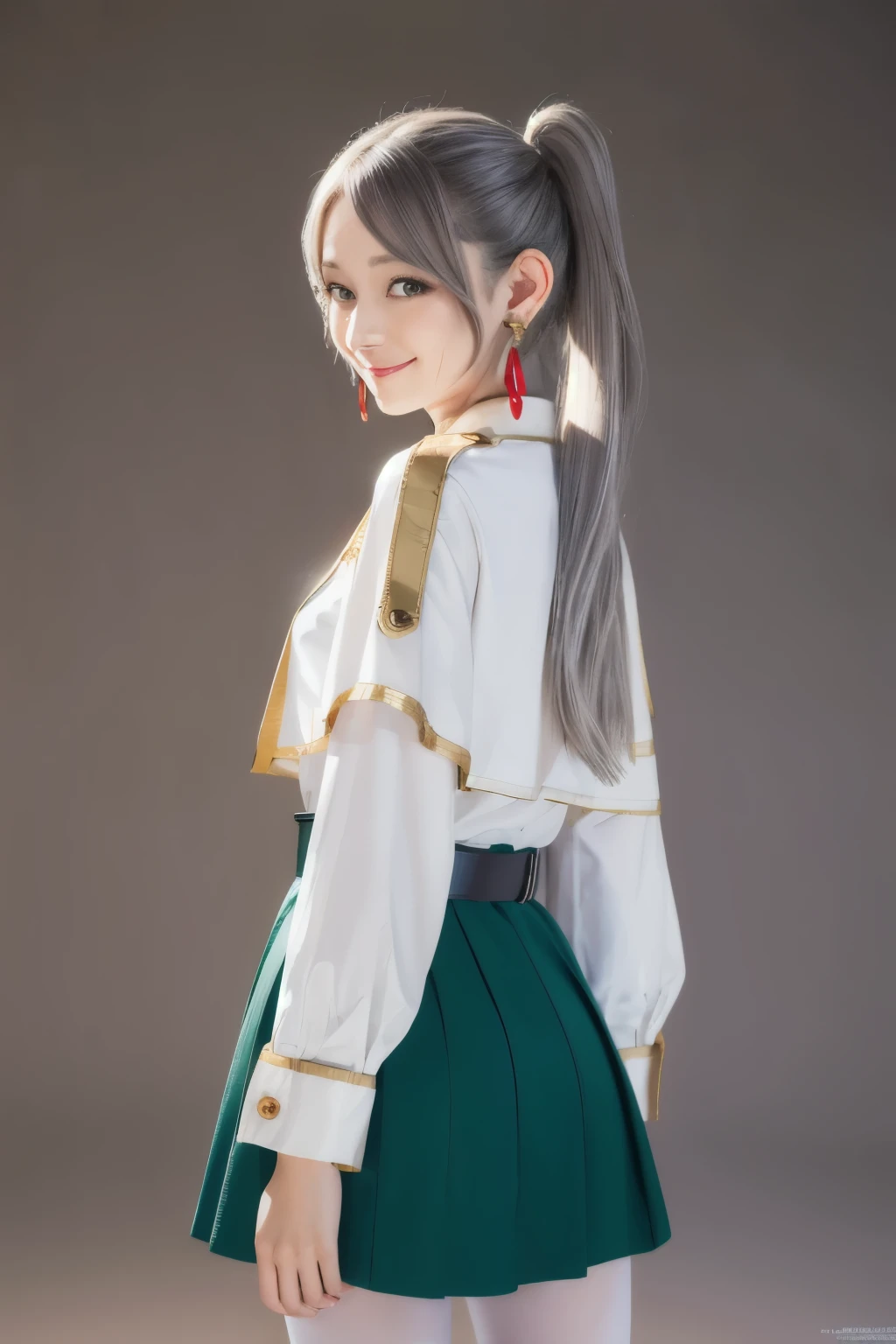 (masterpiece), Highest quality, High resolution, Very detailed, Perfect lighting,  
thank you, Long Hair, Gray Hair, Twin tails, Pointed Ears, Earrings, Green Eyes, Thick eyebrows, White capelet, Striped shirt, Long sleeve, belt, White Skirt, Black Pantyhose , Cowboy Shot,smile, 
(Put your hands behind your back:1.1),