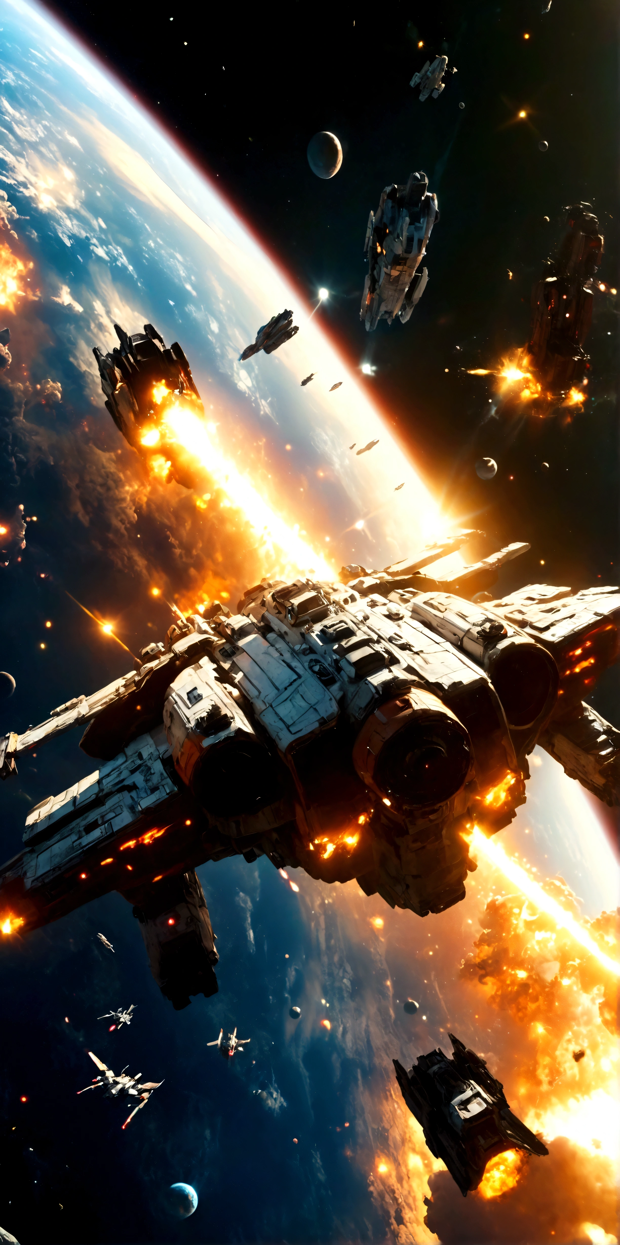 quality\(8k,wallpaper of extremely detailed CG unit, ​masterpiece,hight resolution,top-quality,top-quality real texture skin,hyper realisitic,increase the resolution,RAW photos,best qualtiy,highly detailed,the wallpaper,cinematic lighting,ray trace,golden ratio\), BREAK ,many spaceships are fighting,space-war,at very dark outer space,dynamic angle, science-fiction,futuristic,space opera,star-wars,galaxy-wars,landscape,long shot, wide shot,world-war3,war fire