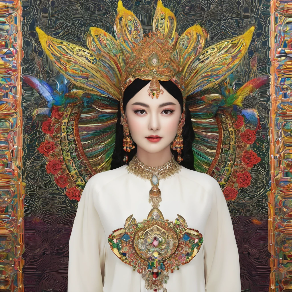 Wearing a green dress and a gold dress,Wearing a golden crown,Arad women covered in white sand, A young woman plays, Inspired by Huang Ji, Chinese Queen, Kazakh Queen, Queen of the Sea Mu Yanling, Inspired by Lv Ji, Chinese Princess, Inspired by Guillaume, Inspired by trees, Inspired by Zhang Yin, Inspired by Li Tang