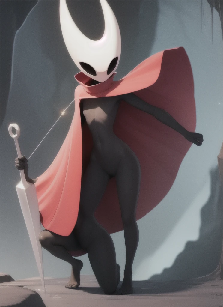 hornet, cute, chibi, bare feet, furry girl, anthro, thread, On his knees, solo,beautiful sexy body, skinny,medium breasts,  medium hips, opened red cloak, (best quality), (detailed dark cave background:1.2), looking at viewer, holding weapon, flat colors, 