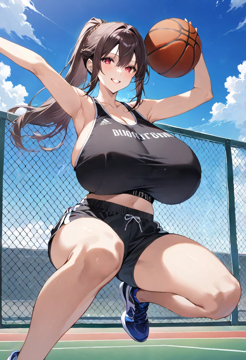 masterpiece, best quality, ultra detailed, sparkling eyes, ((smile)), (((huge breasts))), The image depicts an anime-style illustration of a young woman playing basketball outdoors. She is in the middle of a jump shot, holding a basketball above her head with both hands, poised to shoot. Her athletic attire consists of a black sports tank top and black shorts, both with white and red accents, displaying a sports logo and some text. She is also wearing athletic shoes, The setting appears to be an outdoor basketball court, with a clear blue sky and some clouds visible in the background. There is a chain-link fence and part of a building visible, indicating a typical urban sports facility. The character has a focused expression, with dark hair tied back in a ponytail, emphasizing her active and sporty demeanor. The image captures a moment of action, conveying energy and athleticism. 