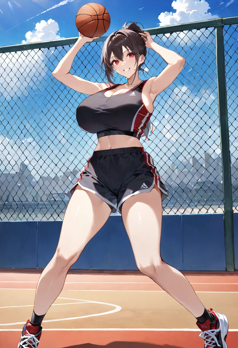 masterpiece, best quality, ultra detailed, sparkling eyes, ((smile)), (((huge breasts))), The image depicts an anime-style illustration of a young woman playing basketball outdoors. She is in the middle of a jump shot, holding a basketball above her head with both hands, poised to shoot. Her athletic attire consists of a black sports tank top and black shorts, both with white and red accents, displaying a sports logo and some text. She is also wearing athletic shoes, The setting appears to be an outdoor basketball court, with a clear blue sky and some clouds visible in the background. There is a chain-link fence and part of a building visible, indicating a typical urban sports facility. The character has a focused expression, with dark hair tied back in a ponytail, emphasizing her active and sporty demeanor. The image captures a moment of action, conveying energy and athleticism. 