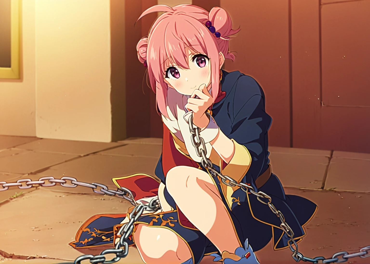 Anime girl sitting on the ground with chains around her, alchemist girl, anime style like fate/stay the night, rogue Anime girl, anime moe artstyle, the Anime girl is crouching, (Anime girl), Anime girl named lucy, anime image of a cute girl, young Anime girl, I'll do fanart too, Female protagonist 👀 :8, Key anime art