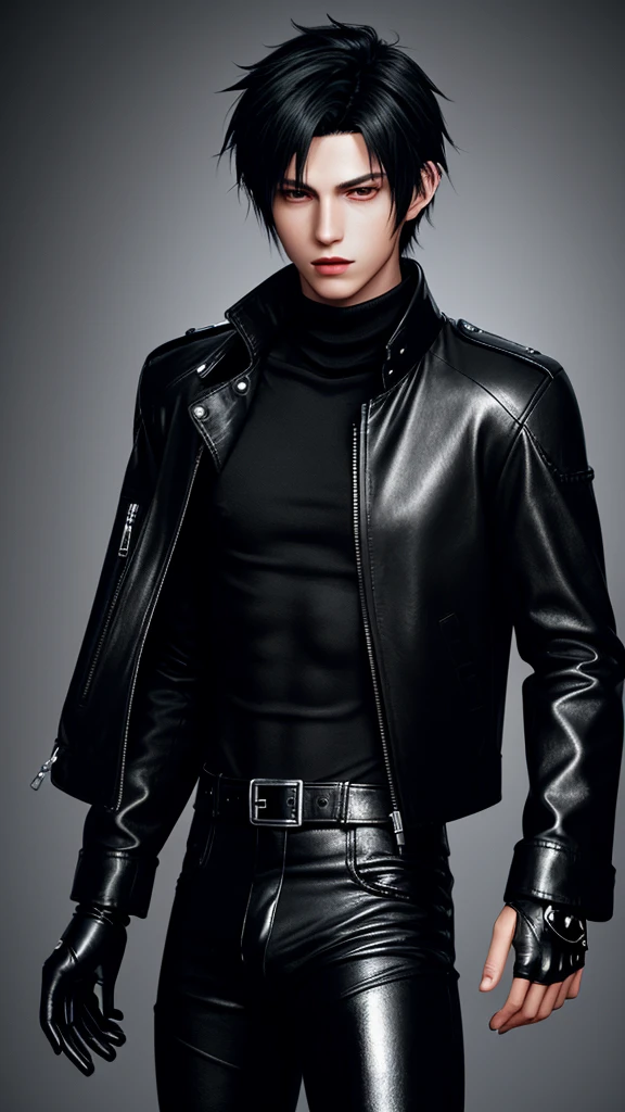 Final fantasy taste and reality graphics, Japanese young cute and cool ikemen boy, his age is early 20s, thin eyebrows and beady eyes, he wearing off black color leather thick singlebrest biker jacket, with epaulet, must close the front of the leather jacket, jacket is biker style, jacket is voluminous, , jacket collar is high length stand-up collar with belts, jacket is a little black line pattern,close the front of the jacket, also wearing black thick turtleneck lackluster shirts, tight black leather pants, shiny black leather tight and thin glove, black leather knee-high raceup boots,must views head-to-toe,must views whole body, boy looks like fashion model,Do not show skin from the neck down,leather jacket leather glove and leather pants have few wrinkles,boy in the room,