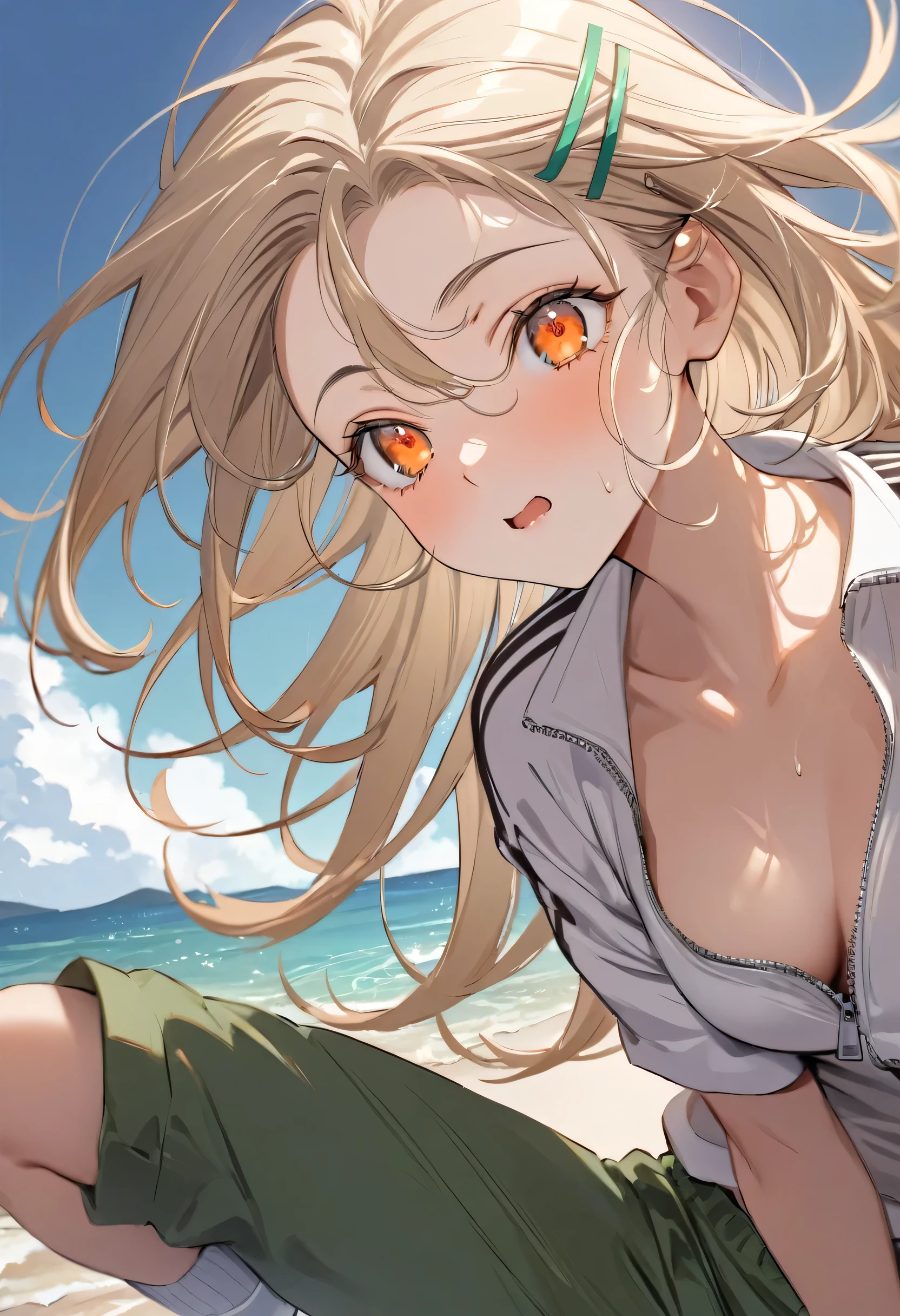 Highest quality, masterpiece, No correction, BEARK, Ocean、The sky is beautiful、The rainbow-colored ocean plain、Sandy Beach、,shinosawa hiro,thin,Orange Eyes,White eyelashes,bionde,Long Hair,Hair Clip,Track jacket,Green shorts,White sneakers, Head Focus, Transparent sneakers, Open shirt,Shining expression、Dirty face、languid look、Hot and spicy face、No injuries、 (masterpiece:1.2, Highest quality), (Fine and beautiful eyes: 1.2), (Beautiful and dense face), (Sharp facial hair between the eyes)、Dynamic Pose