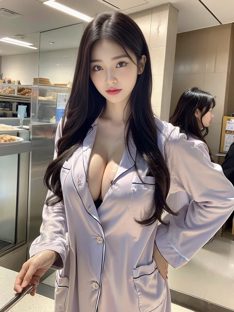 (Cute pajamasを着ている超可愛い韓国人女子校生の写真:1.2)(grin:1.1)(Beautiful Sweat:1.1)(16K, RAW Photos, Highest quality, masterpiece: 1.2),(Shiny and beautiful black long hair) Super detailed, Super Resolution, (Genuine, Genuine photos: 1.37), Portraiture, High-resolution RAW color photos, Professional photos, Very detailed, 8k wallpaper, Very detailed CG Unity 8k wallpaper, Very detailed beautiful girls, Very detailed faces, ((whole body)), beautiful woman, Huge breasts,(huge boobs:1.1) (Big Boobs:1.1), beautiful (Wearing oversized pajamas),high school girl, Korean Girls,(K-POP Female Idols), (Idol-class beauty)(Beautiful high school girl:1.1)(School cafeteria)()(Cute pajamas:1.1)Date,