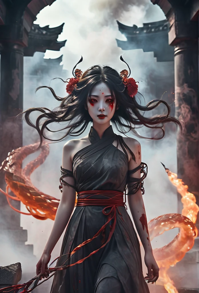 a blood girl, made of smoke, floating around the ruins of an ancient temple, inspired by Japanese gods,carrying a god's bow, temple background, Japan, dark, horror vibes, gothic, smoke, fire, big add some snakes, Japanese mythical gods , evil smile, crazy eyes, blindfold, fuji colors, high detail , high quality, accurate