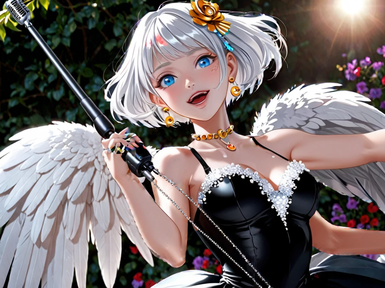 Boku no hero academia screenshot. Overall shot of fair-skinned woman from head to toe, teenager 15 years old, long wavy light white hair with streaks, elegant bow, piercing turquoise eyes, beautiful and attractive, high, good body, short Victorian dress made of dark green fabric with glitter details, diamond necklace, gold mask, has large white angel wings, dancing harmoniously on a golden mandolin inside at night, BONES 3