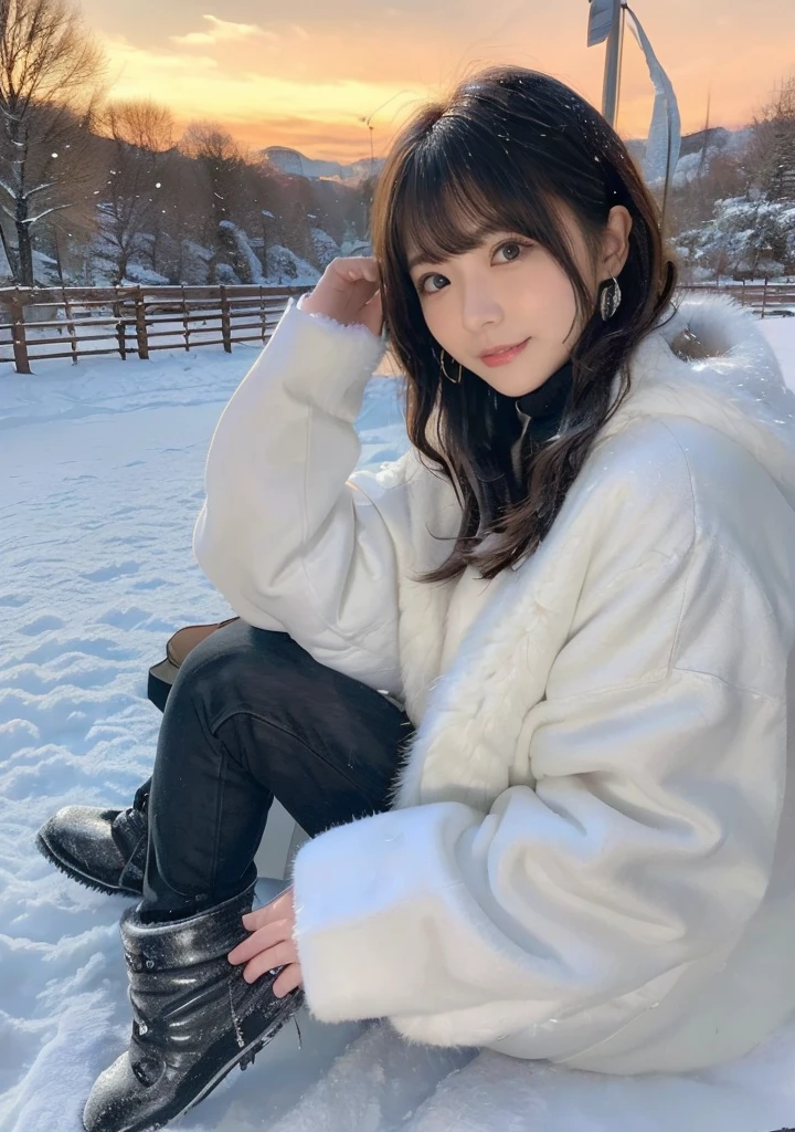 Photo from the waist up、Night city illumination shot、Cowgirl Shot、Fur coat、豪華なグレーのミンクのFur coat、Wear fine leather boots、Luxury Bags、Inner turtleneck、Silver necklace and small silver earrings Millionaire style:1.4))、Full body photo、smile、 Caustics、Highly detailed photos、Very beautiful woman 、Ample breasts、No makeup、(8K、RAW Photos、Highest quality、masterpiece:1.2)、(Realistic、Realistic)、1 Girl、((Medium Short Hair、Midwinter、Cold region Snow falling、The wind is blowing、Fluttering Hair、Blur the background、Colorful illuminations、Looking into the camera:1.4))、