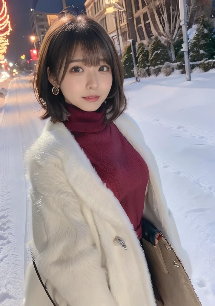 Photo from the waist up、Night city illumination shot、Cowgirl Shot、Fur coat、豪華なグレーのミンクのFur coat、Wear fine leather boots、Luxury Bags、Inner turtleneck、Silver necklace and small silver earrings Millionaire style:1.4））、Full body photo、smile、 Caustics、Highly detailed photos、Very beautiful woman 、Ample breasts、No makeup、(8K、RAW Photos、Highest quality、masterpiece:1.2)、(Realistic、Realistic)、1 Girl、((Medium Short Hair、Midwinter、Cold region Snow falling、The wind is blowing、Fluttering Hair、Blur the background、Colorful illuminations、Looking into the camera:1.4))、
