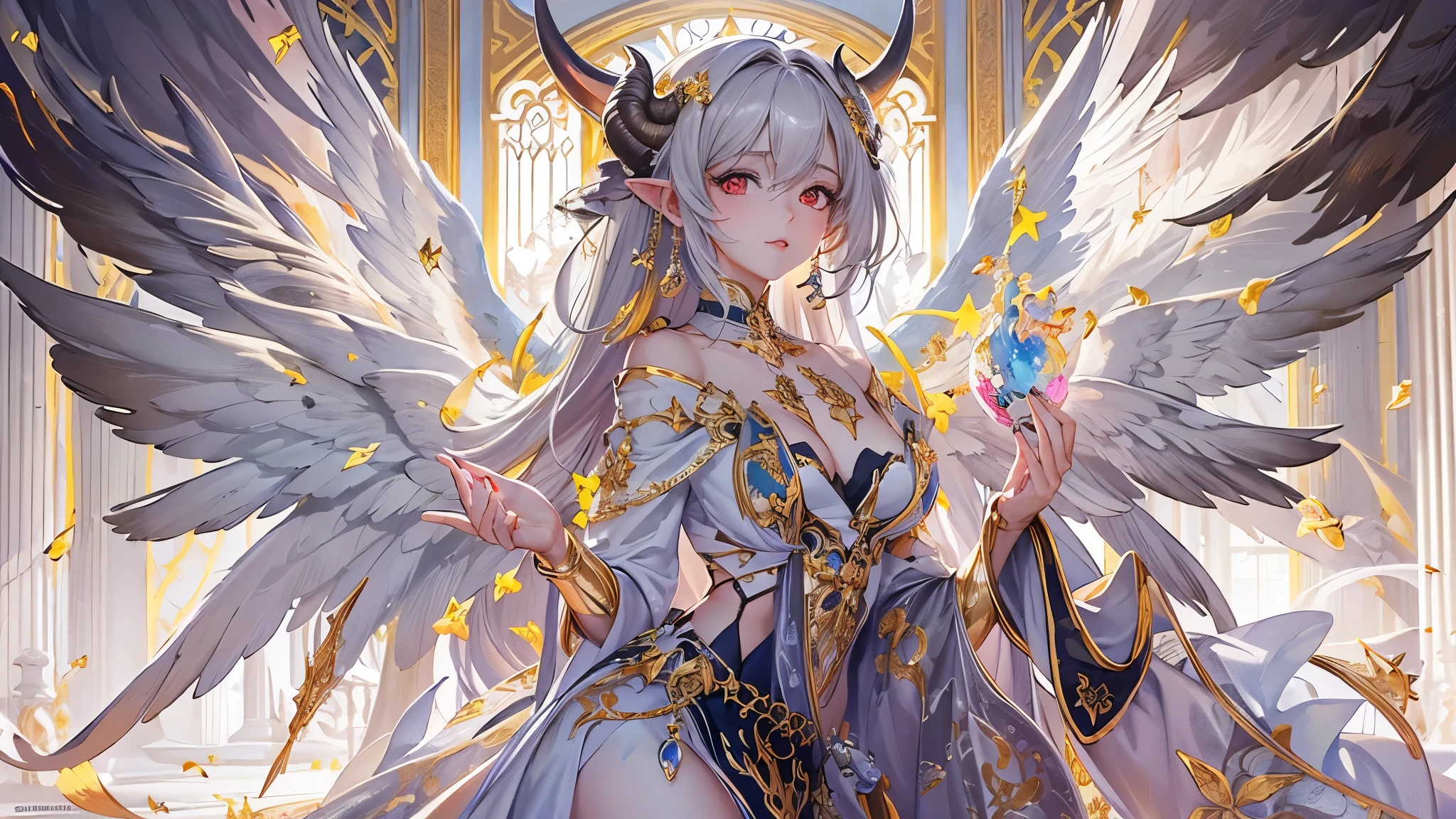 Anime angel girl with wings and a sword in a room - SeaArt AI