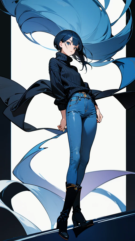 The woman wears a blue and black sweater, long jeans, and black boots. 