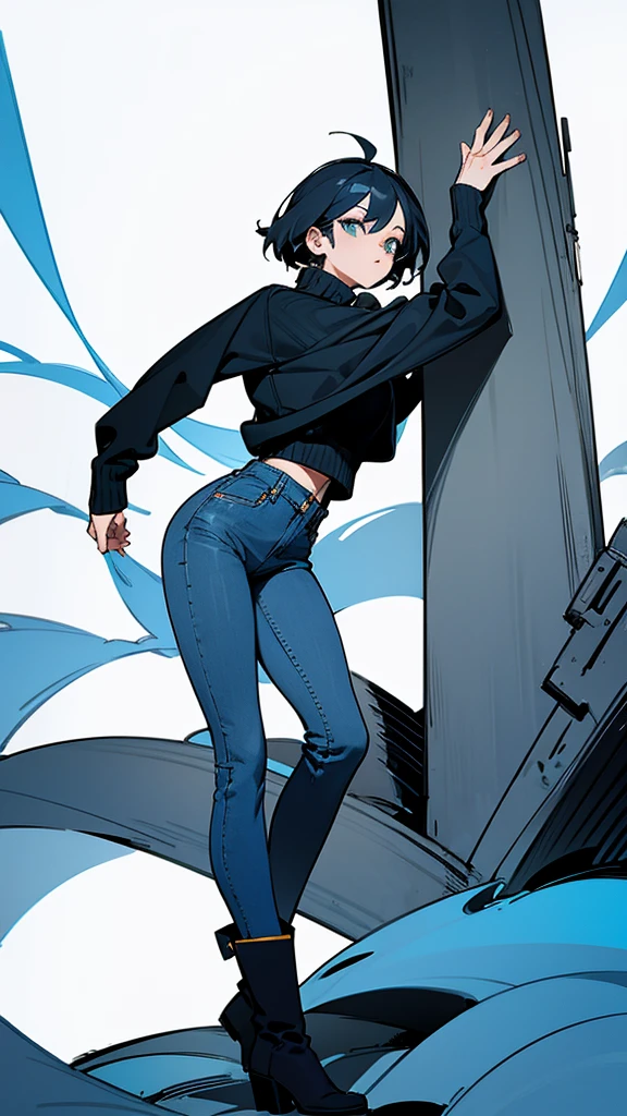 The woman wears a blue and black sweater, long jeans, and black boots.