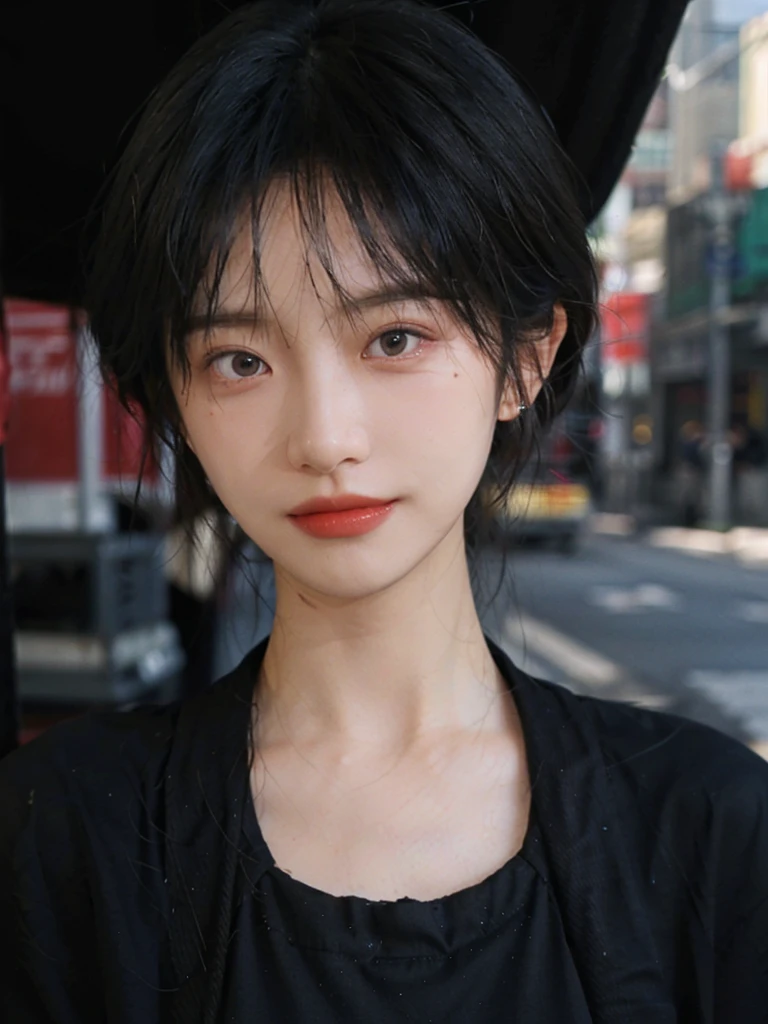 (Skin details:1.4), (smooth skin textures:1.3), (Upper body:1.4),(Upper Body:1.3),(Black clothes:1.4),Lipstick, background, earrings, serene, calm, (Realistic and detailed eyes:1.2), Natural skin texture, Realistic facial details, Soft dramatic lighting, Vivid details, 35 mm film, outdoor, (Photo Practical:1.4), (hyper Practical:1.4), (Practical:1.3), (Smoother lighting:1.05), (Improve lighting quality:0.9), (Highest quality real skin textures:1.4), Exquisite eyes, Delicate face, Close-up of face, (Enhance the beauty of skin texture:1.1),0Normal body proportions, short hair, Moles under the eyes, A faint smile,Portrait Photography, Depth of Field, Bokeh, Surrealism, Ray Tracing, (Portrait Photography:1.1), Surrealism, High Detail, Chiaroscuro, Ray Tracing, reflected light, Ultra HD, Ultra HD, masterpiece, Textured Skin, Super Detail, High Detail, high quality, best quality