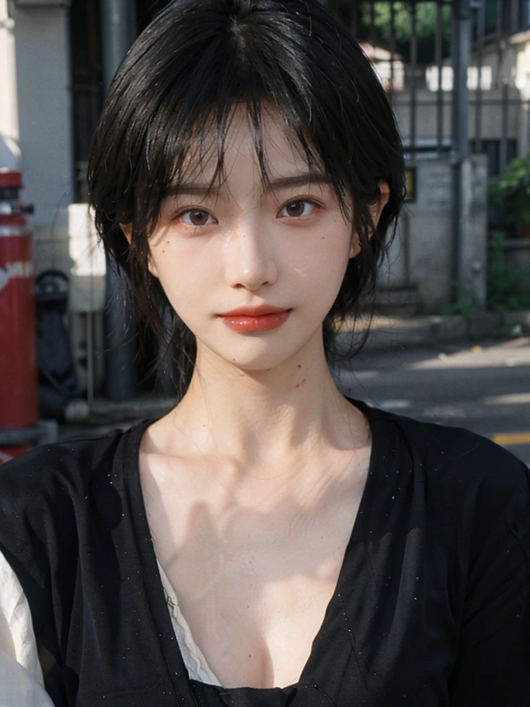 (Skin details:1.4), (smooth skin textures:1.3), （Upper body：1.4），（Upper Body：1.3)，(Black clothes:1.4)，Lipstick, background, earrings, serene, calm, (Realistic and detailed eyes：1.2）, Natural skin texture, Realistic facial details, Soft dramatic lighting, Vivid details, 35 mm film, outdoor, (Photo Practical:1.4), (hyper Practical:1.4), (Practical:1.3), (Smoother lighting:1.05), (Improve lighting quality:0.9), (Highest quality real skin textures:1.4), Exquisite eyes, Delicate face, Close-up of face, (Enhance the beauty of skin texture:1.1),0Normal body proportions, short hair, Moles under the eyes, A faint smile,Portrait Photography, Depth of Field, Bokeh, Surrealism, Ray Tracing, (Portrait Photography:1.1), Surrealism, High Detail, Chiaroscuro, Ray Tracing, reflected light, Ultra HD, Ultra HD, masterpiece, Textured Skin, Super Detail, High Detail, high quality, best quality