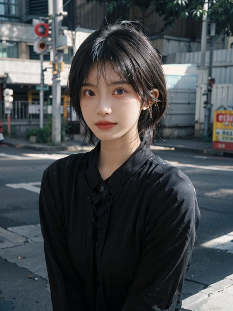(Skin details:1.4), (smooth skin textures:1.3), （Upper body：1.4），（Upper Body：1.3)，(Black clothes:1.4)，Lipstick, background, earrings, serene, calm, (Realistic and detailed eyes：1.2）, Natural skin texture, Realistic facial details, Soft dramatic lighting, Vivid details, 35 mm film, outdoor, (Photo Practical:1.4), (hyper Practical:1.4), (Practical:1.3), (Smoother lighting:1.05), (Improve lighting quality:0.9), (Highest quality real skin textures:1.4), Exquisite eyes, Delicate face, Close-up of face, (Enhance the beauty of skin texture:1.1),0Normal body proportions, short hair, Moles under the eyes, A faint smile,Portrait Photography, Depth of Field, Bokeh, Surrealism, Ray Tracing, (Portrait Photography:1.1), Surrealism, High Detail, Chiaroscuro, Ray Tracing, reflected light, Ultra HD, Ultra HD, masterpiece, Textured Skin, Super Detail, High Detail, high quality, best quality