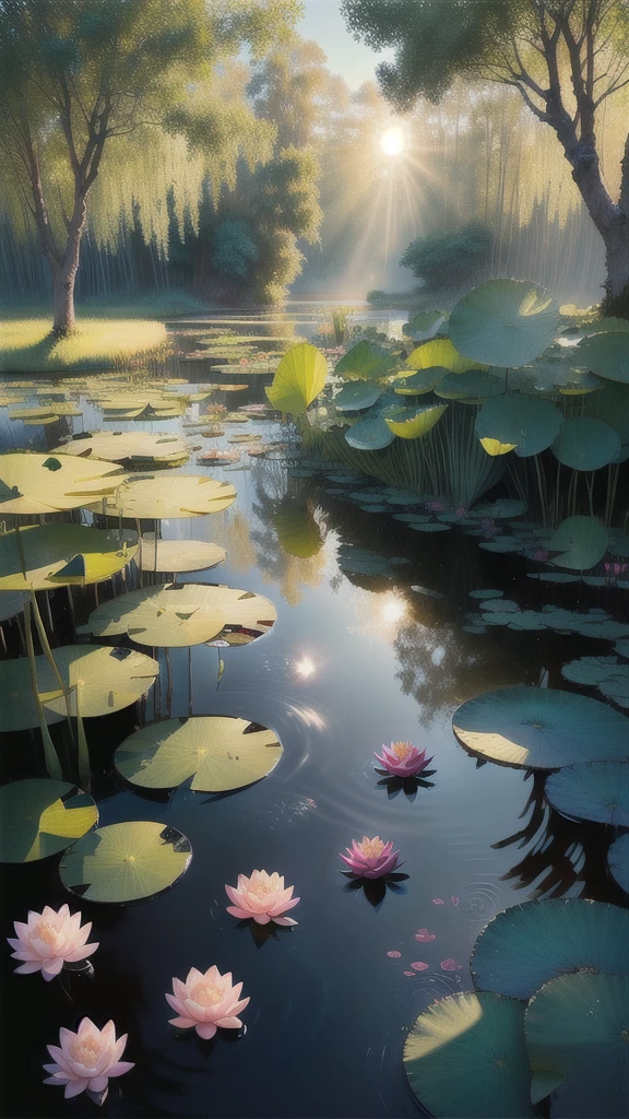 A beautiful masterpiece. Monet's water lilies, Deep in the Lotus Pond (rich and colorful, vivid, Sunlight, Cold Light: 1.2), There are several lotus leaves in the pond. The lotus leaf texture is clear. morning sun, Butterfly, Leave blank