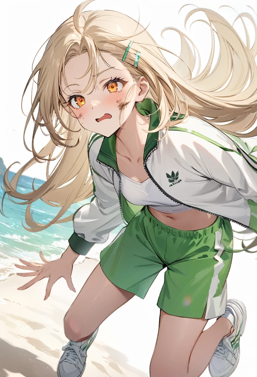 Highest quality, masterpiece, No correction, Beark, Ocean、The sky is beautiful、虹色に輝く大Ocean原、Sandy Beach、,shinosawa hiro,thin,Orange eyes,White eyelashes,Blonde,Long Hair,Hair Clip,Track jacket,Green shorts,White sneakers, Head Focus, Transparent sneakers, Open shirt,Shining expression、Dirty face、languid look、Hot and spicy face、No injuries、 (masterpiece:1.2, Highest quality), (Fine and beautiful eyes: 1.2), (Beautiful and dense face), (Sharp facial hair between the eyes)、Dynamic Pose、I'm about to fall