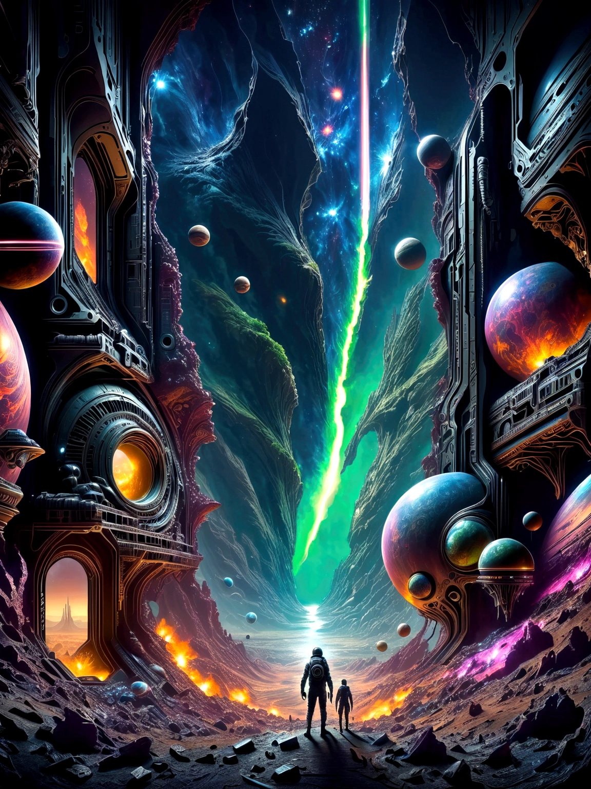 Generate an image featuring a sci-fi crossover scene. On one side, present an alien landscape with vast, intricate ancient alien architectures - a homage to the expansive universe of a popular intergalactic video game set in the 22nd century. On the other side, the scene contrasts with the claustrophobic and horror-filled atmosphere of a ruined spaceship drifting in the vastness of space, reminiscent of a famous survival horror video game. The center displays a clash between the action-packed combat technology and weaponry from one universe and monstrous alien life forms from the other. No specific characters are featured.
