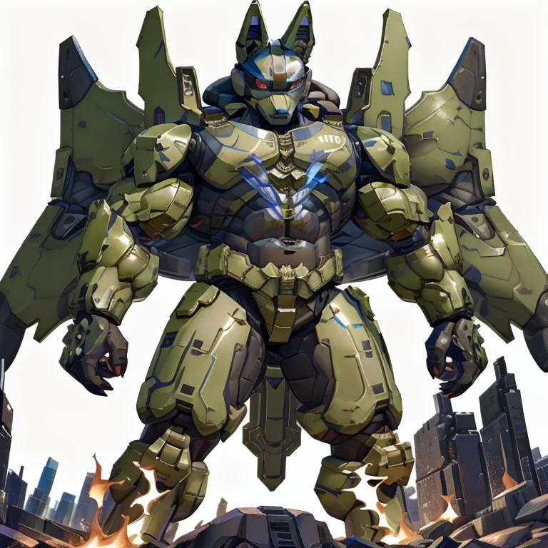(situation 1 : dominating Shiny_Mega_Lucario. Shiny_Mega_Lucario is over 1000 meters long. focus GIANT mechanical Muscular Shiny_Mega_Lucario is trampling the city. Looking down. macro. stomp. Low-angle perspective. emphasizing the immense size.)
(situation 2 :smoke and flames rising from the destruction in the city)
(Additional details 1: wearing a full-face helmet. golden armor. Armored Flazzard. Armored_Flazzard. high-tech bio-mecha armor. real texture material. whole body shines like metal. Wearing cyberpunk mecha. emphasizes the muscles. suit fully made of metal. intricate armor. Robotic suit. suit fully made of metal. cyborg. He is wearing a golden cloak.).
(Additional details 2: (Detailed head. Detailed Body. Detailed abs. gigantic muscles. HYPER MUSCLES. Gigachad Muscular. big muscle. pecs. triceps. traps. unusually developed muscular body. body full of huge muscles. showing off muscles. pectorales enormes. Exaggeratedly huge muscles. huge muscles. long legs.).
(Additional details 3: Spread wings. It has wings. have big wings. The claws are sharp. Sharp teeth).
(Additional details 4: golden hyper penis. hyper golden penis. big penis)