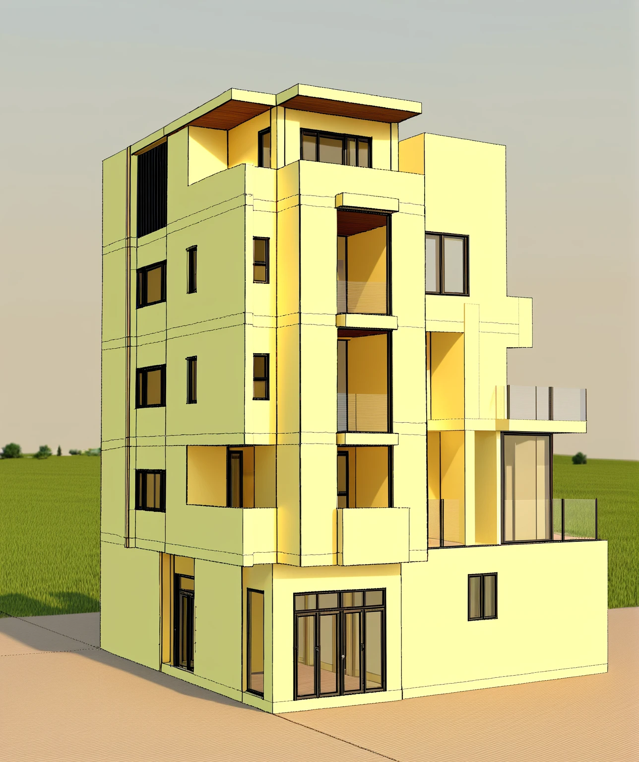 a rendering of a two story house with a balcony and a balcony, frontview, front-view, complete house, front elevation view, front perspective, facing front, front view, exterior design, 3/4 view realistic, elevation view, front side view, orthographic front view, mid-view, front side full, front view dramatic, front elevation