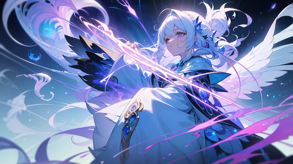 Close up of person in costume holding bow, beautiful celestial wizard, Astral Witch Clothes, heavenly aura, Cotton Cloud Mage Robe, mysterious art style, Celestial Essence, white haired god, Masterpiece Goddess of Sorrow, gear aurora, astral fairy, jellyfish gentleman maiden 8k, An aura that glows white, Shadowverse Style, moon themed outfit, Spell Casting Pose