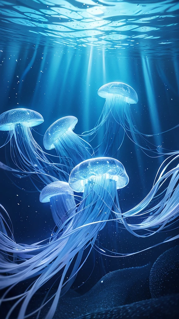 A multitude of jellyfish floating underwater, their transparent bodies glowing as they catch the light, creating an ethereal atmosphere. The background is a deep blue ocean, and the swarm of jellyfish drifts quietly.