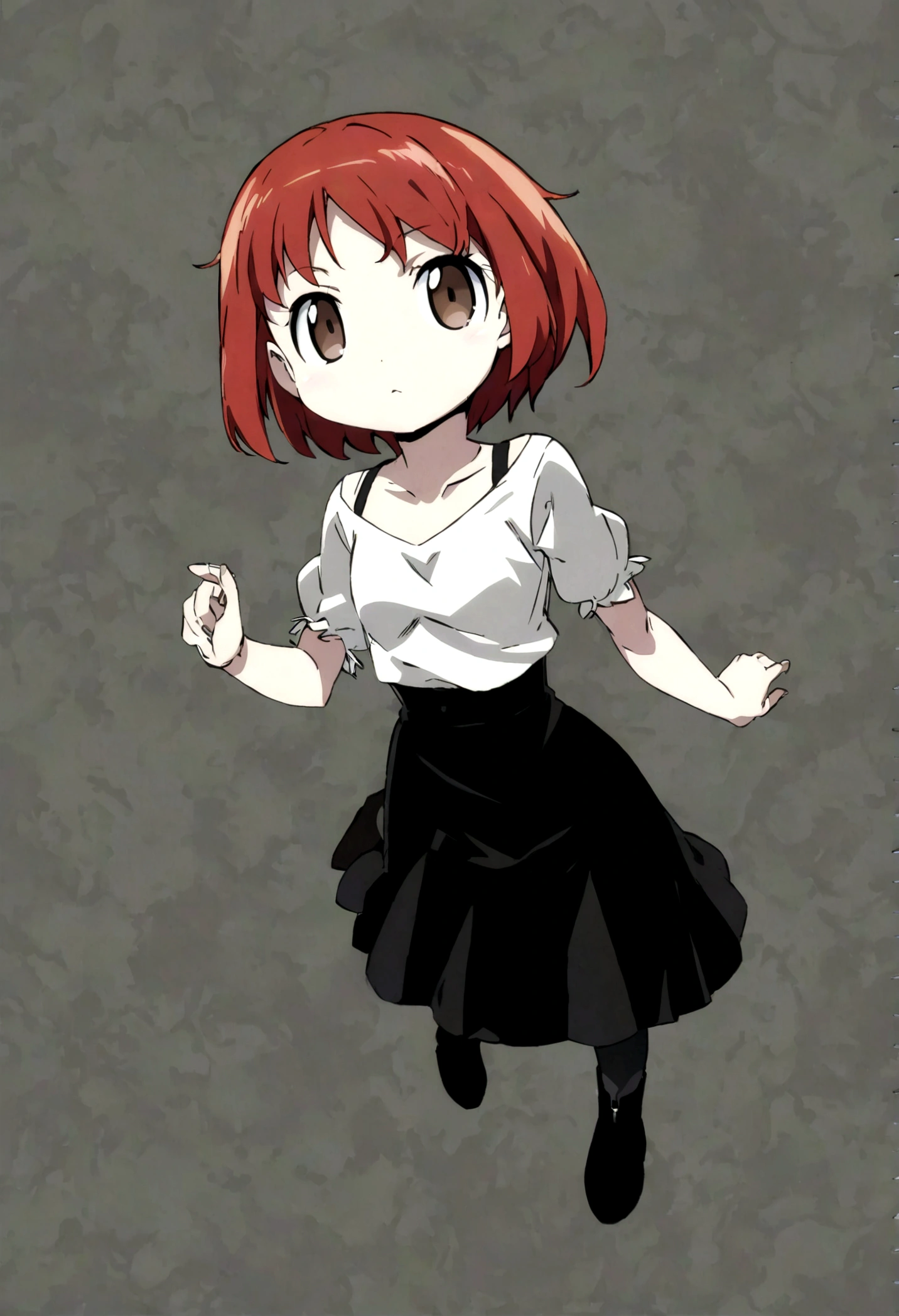 anime style girl with reddish-red hair, brown eyes, fair skin, black eyeliner, with a black thin-strap blouse over a white T-shirt and a black skirt with transparent black tights and black boots