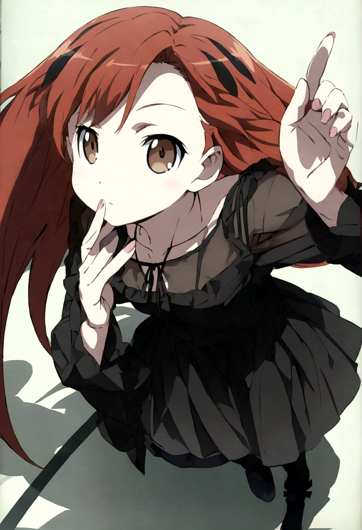 anime style girl with reddish-red hair, brown eyes, fair skin, black eyeliner, with a black thin-strap blouse over a white T-shirt and a black skirt with transparent black tights and black boots