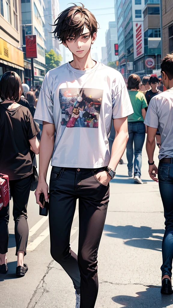  Trendy young man in skinny pants and anime t-shirt is checking his digital watch。A boombox was playing music in the background.、A person who got a perm々is walking。