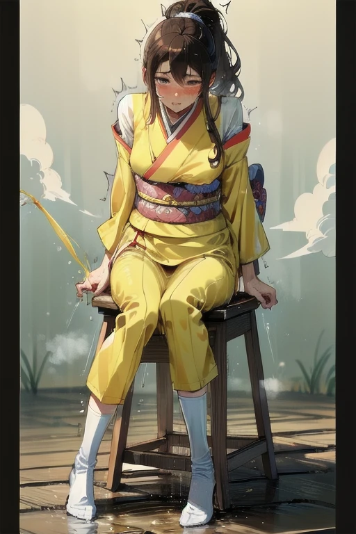 nsfw, (masterpiece, top quality, best quality, highly detailed:1.6), extremely detailed CG unity 8k wallpaper, (1 woman standing on the shrine, outdoor, kimono:1.5), Maxi Length, strong facial expression, (sharp eye:1.2), (scowl:1.1), (embarrassed,blush:1.3), (steam:1.5), (wet:1.1), (sweat:1.1), (trembling:1.3), (parted lips:1.4), (harf open eyes:1.5), (feeling weak:1.5), (shoot from front, looking at viewer:1.2), (leaning forward,close knees, hands between legs, pee running down legs:1.7), (((clutching crotch))), Sandals, (long hair, Brown hair, low ponytail:1.4), (woman trembling with sexual climax:1.5), colorful, full body, wide shot, perfect composition, (Crossing legs, Touching the crotch:1.7), urination, incontinence, piss, peeing self, A lot of pee, pee running down legs, (((pee stream))), (pee puddle), wetting herself, peeing, blush, trembling, embarrassed, large breasts, Yellow pee, ((leaking pee)), Shaking one's shoulders, Breaking a sweat on forehead, puddle of pee, Pee at your feet, Pee spread on the floor, (Pee stains), Feet wet from pee, Pee-covered feet, Pee at your feet, want to pee, about to pee, Full bladder, Pee-soaked kimono, Pee-soaked ankle socks, Pee-soaked sandasls, natural makeup,