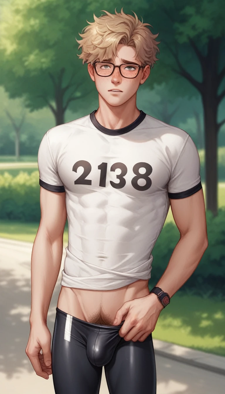 best quality, masterpiece, anime art style, skinny and tall 18 year old boy, freckles, very messy blond hair, big glasses, shy, wearing cycling spandex tights, lifts up tshirt, pubic hair, bulge, sexy, gay, homoerotic, perfection, in a park, no watermark, no logo, no signature