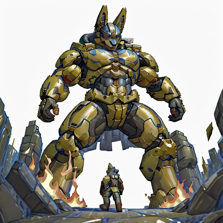 (situation 1 : dominating Shiny_Mega_Lucario. Shiny_Mega_Lucario is over 1000 meters long. focus GIANT mechanical Muscular Shiny_Mega_Lucario is trampling the city. Looking down. macro. stomp. Low-angle perspective. emphasizing the immense size.)
(situation 2 :smoke and flames rising from the destruction in the city)
(Additional details 1: wearing a full-face helmet. golden armor. Armored Flazzard. Armored_Flazzard. high-tech bio-mecha armor. real texture material. whole body shines like metal. Wearing cyberpunk mecha. emphasizes the muscles. suit fully made of metal. intricate armor. Robotic suit. suit fully made of metal. cyborg. no face.).
(Additional details 2: (Detailed head. Detailed Body. Detailed abs. gigantic muscles. HYPER MUSCLES. Gigachad Muscular. big muscle. pecs. triceps. traps. unusually developed muscular body. body full of huge muscles. showing off muscles. pectorales enormes. Exaggeratedly huge muscles. huge muscles. long legs.).
(Additional details 3: Spread wings. It has wings. have big wings. The claws are sharp. Sharp teeth).
(Additional details 4: golden hyper penis. hyper golden penis. big penis)