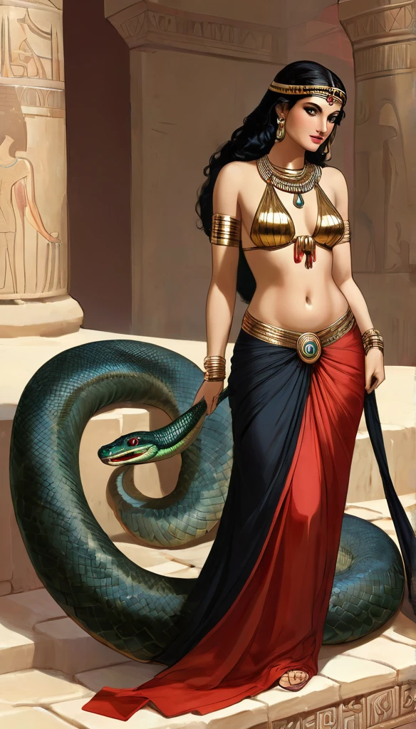 Femme de 30 ans,  égyptienne, corps généreux , a l'Égypte antique, avec une très forte poitrine, a la peau de serpent, dans un temple égyptien, porte une robe rouge et maron couleur sable, moule le corps, vêtements transparent, femme avec de long cheveux raide noirs orné de nombreux bijoux,  la femme est très enceinte de serpent, sa poitrine est gonflé de lait, la femme a des crochets de serpent visible lorsqu'elle sourit, la femme a des yeux doré a pupilles reptilienne, la femme et une femme serpent