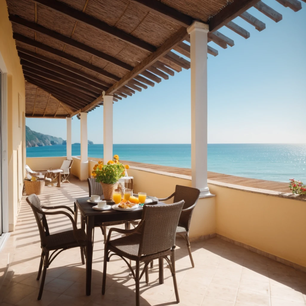 breakfast on the terrace under the sun by the beach

