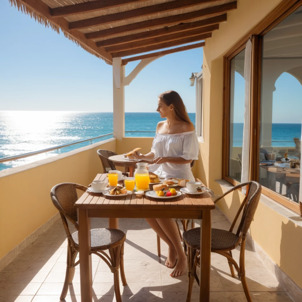 breakfast on the terrace under the sun by the beach
